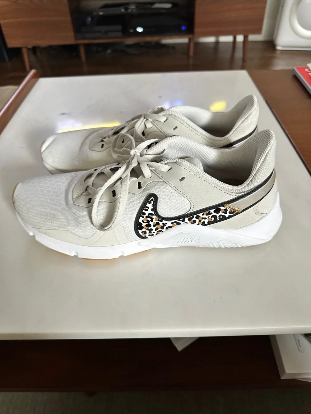 Nike Women's Cream Athletic Sneakers with Leopard Print Swoosh